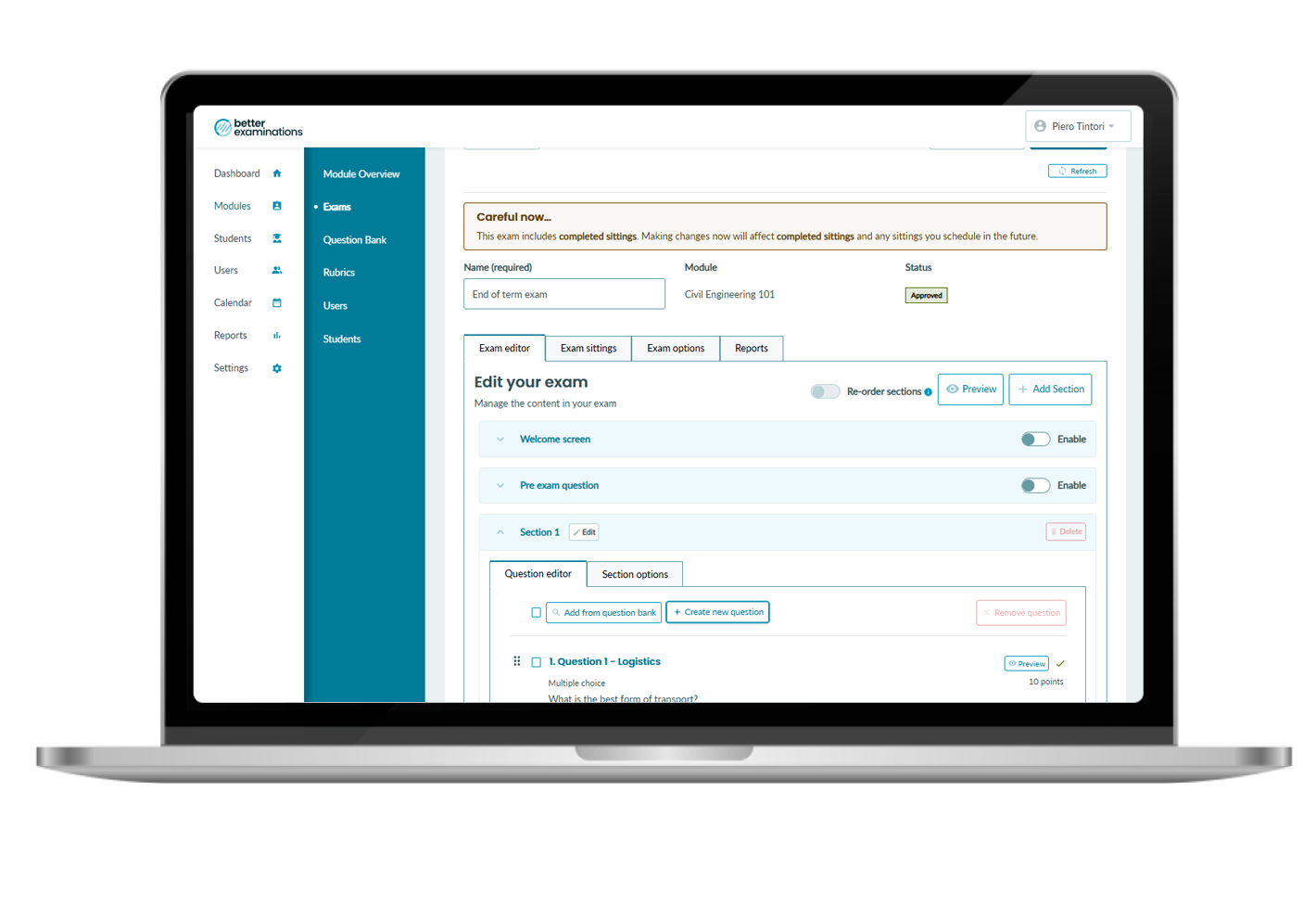 Screenshot of the BetterExaminations - Exam and assessment authoring