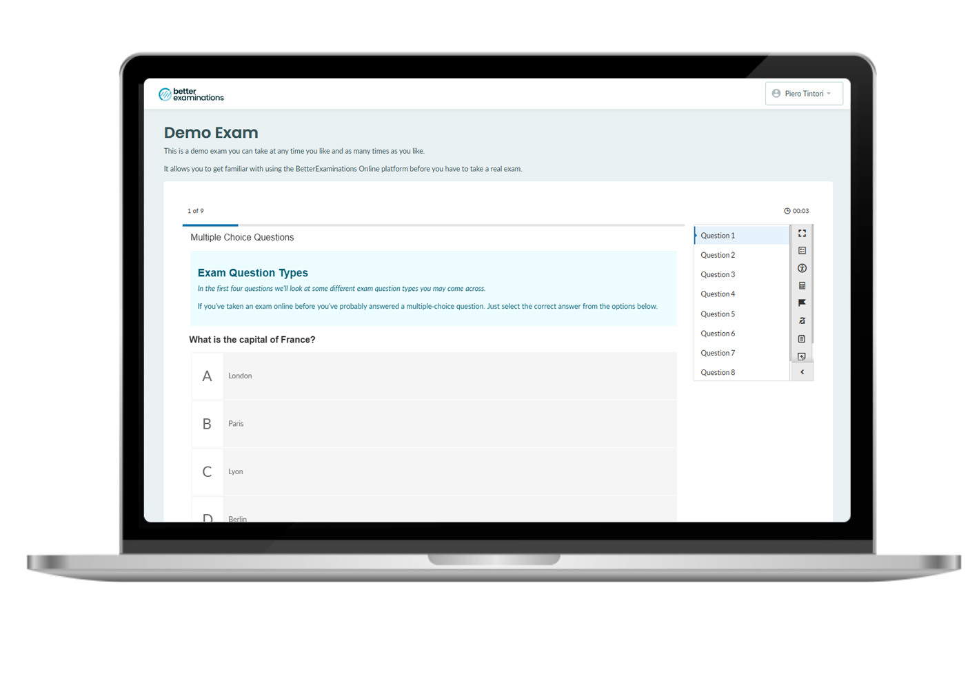 Screenshot of the BetterExaminations platform student experience