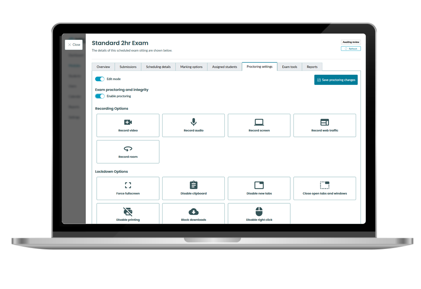 Screenshot of the BetterExaminations remote proctoring options