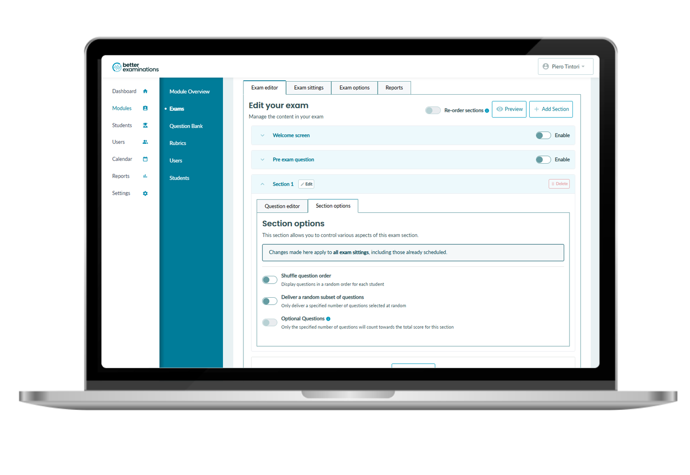 Screenshot of the BetterExaminations random assessment questions