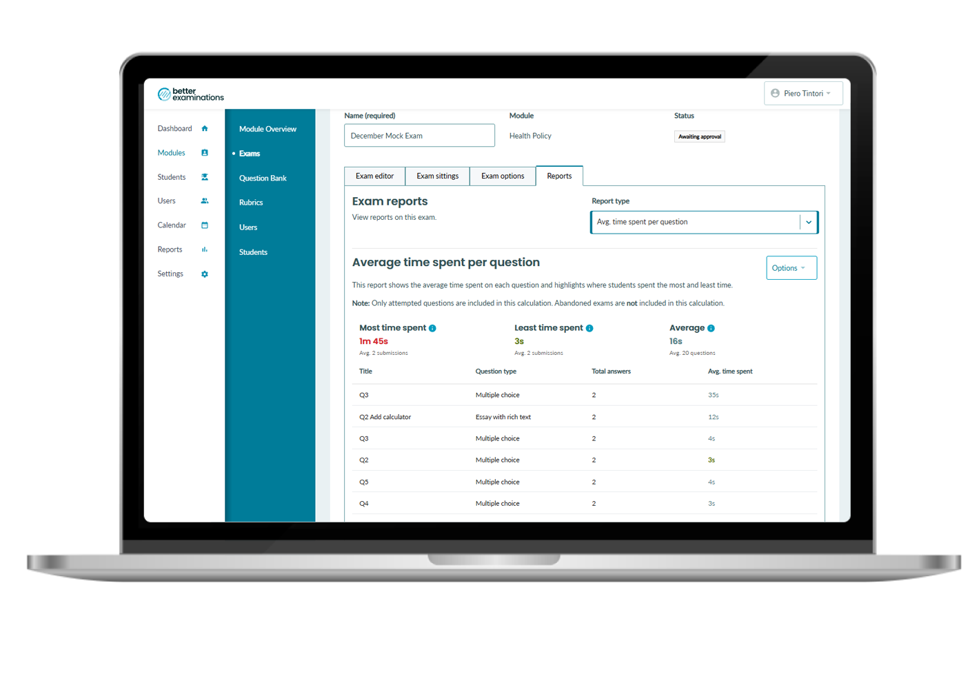 Screenshot of the BetterExaminations exam reporting features