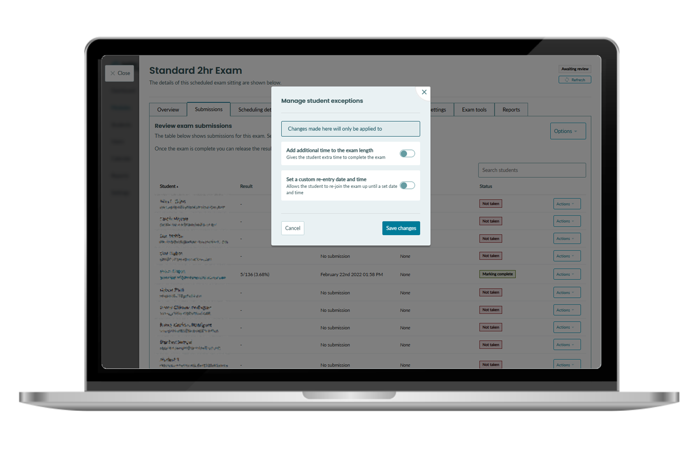 Screenshot of the BetterExaminations exception management features